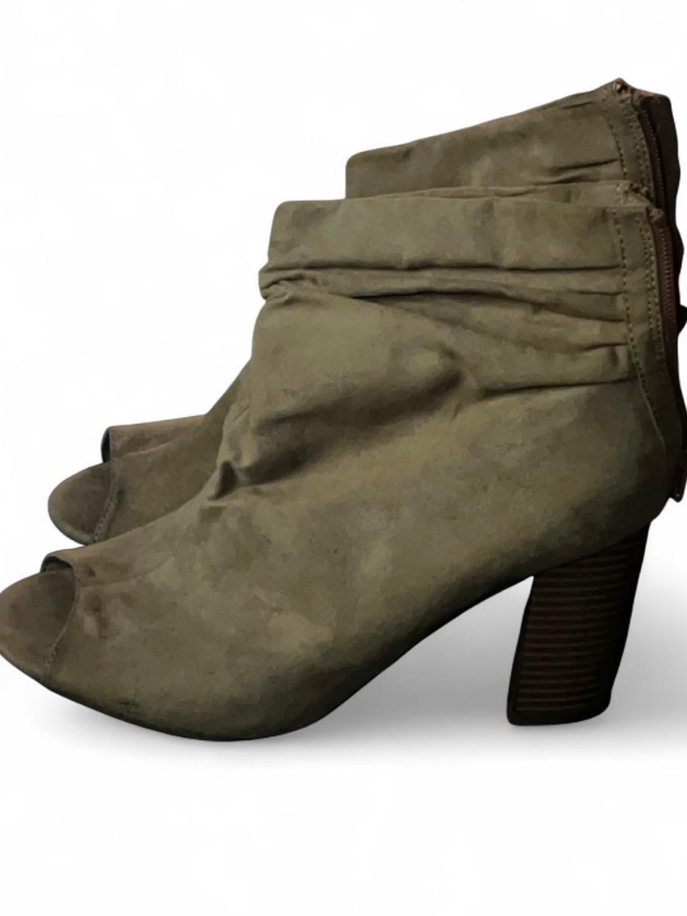 Chinese Laundry Tan Peep Toe Short Chunky Square Heel suede ankle boots Sz 8.5